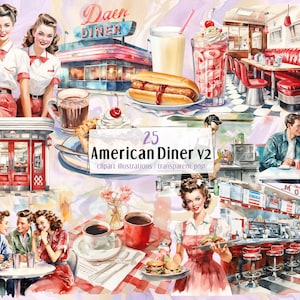 Ilustrações do restaurante americano v2. Restaurante retrô dos anos 50, interior colorido do restaurante vintage, comida, fatias de torta, garçonete, assentos | Clip-arts PNG