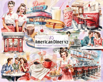American diner v2 illustrations. Retro 50's eatery, colorful vintage restaurant interior, food, pie slices, waitress, seats | PNG clip arts