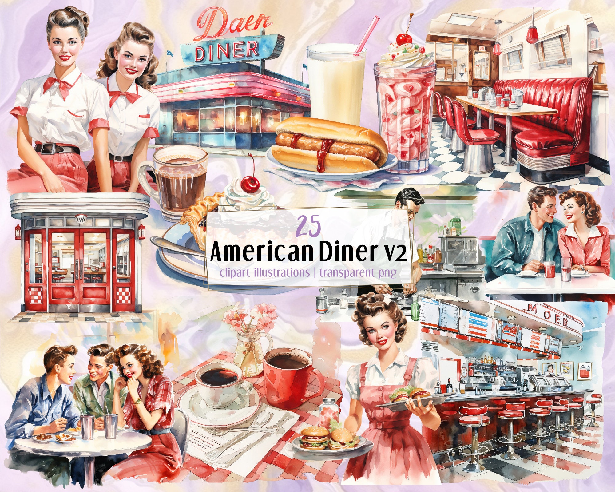 アメリカンダイナー v2 イラスト。レトロな 50 年代の飲食店、カラフル