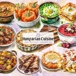 Illustraties van de Hongaarse keuken. Heerlijke gerechten, eten uit Hongarije, rundvleesgoulash, Dobosh-cake Lángos, gevulde pannenkoeken, soep | PNG-illustraties