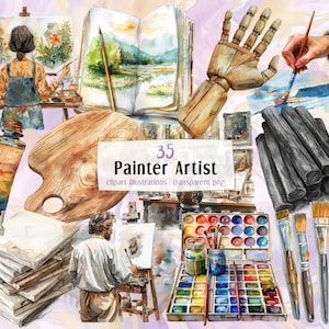 Ilustrações do artista pintor. Ferramentas de pintura, vida artesanal, exibição de pinturas, desenho artístico, cores, pincéis, tela, cavalete | clipart PNG