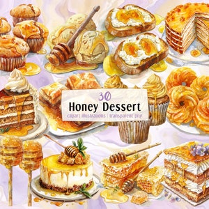 Honey Dessert illustrations. Delicious honey flavored and glazed pastry, cakes, golden ice cream, cupcake, cheesecake, nuts | PNG clip arts
