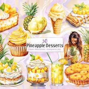 Desery ananasowe. Ilustracje w stylu akwareli. Ciasto ananasowe, żółte letnie ciasto owocowe, ciasto, lody, pavlova, napoje | PNG clipart
