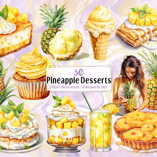 Pineapple desserts. Watercolor style illustrations. Ananas pastry, yellow summer fruity cake, pie, ice cream, pavlova, drinks | PNG clip art