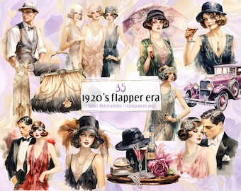 1920's Flapper era. Watercolor style illustrations. Vintage 20's party lifestyle, great Gatsby dresses, men, women, fashion  | PNG clip arts