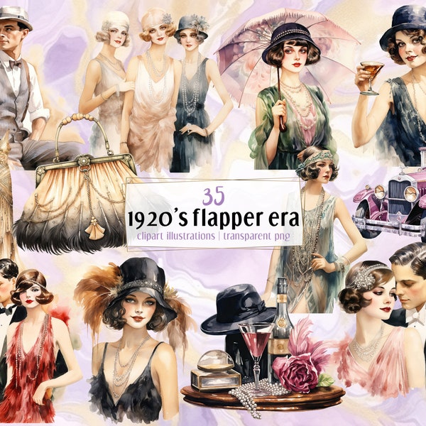 1920's Flapper era. Watercolor style illustrations. Vintage 20's party lifestyle, great Gatsby dresses, men, women, fashion  | PNG clip arts