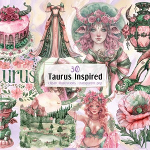 Ilustrações inspiradas em Touro. Elementos de objetos temáticos do signo do zodíaco de aniversário de touro lindas garotas com chifres, cores rosa e verde | Clip-arts PNG