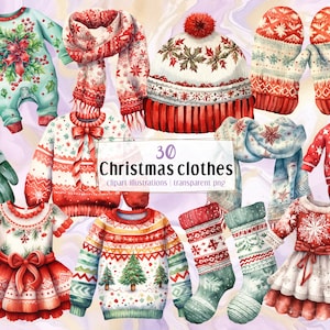 Vêtements de Noël. Illustrations de style aquarelle. Vêtements d’hiver tricotés festifs, robe pull de vacances gants écharpe cache-couche | Clipart PNG