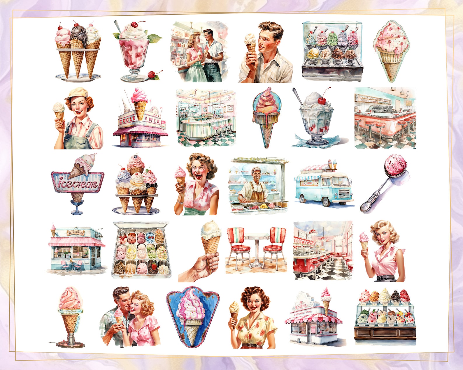 Retro Ice Cream Parlor Illustrations. Vintage 50's Style Shop, Colorful ...