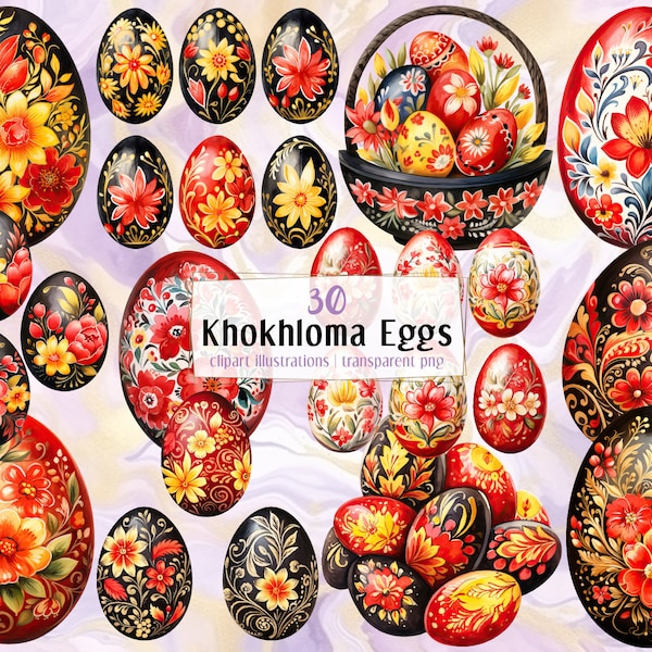 Khokhloma Easter Egg illustrations. Traditional decorated holiday eggs, black red yellow floral painting, Russian folk style | PNG clip art