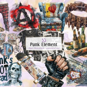 Illustrations d'élément punk. Mode, vêtements, accessoires, instruments de musique recouverts de graffitis de style sous-culture alternative | clipart PNG