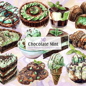 Puede incluir: Ilustraciones en acuarela de postres de chocolate y menta, incluyendo donuts, tartas, helados, pasteles y galletas. Los postres están decorados con hojas de menta y salsa de chocolate. La imagen incluye el texto "30 Chocolate Mint clipart illustrations".