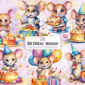 Geburtstagsparty Maus, bunte Illustrationen im Aquarellstil. Niedliche, entzückende Mäuse, die mit Kuchen, Ballon und Geschenken feiern | PNG-Cliparts