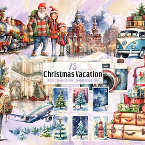 Kerst vakantie. Illustraties in aquarelstijl. Feestelijk reisobject, mensen, winterstadslandschap. Vakantiereizen | PNG-illustraties
