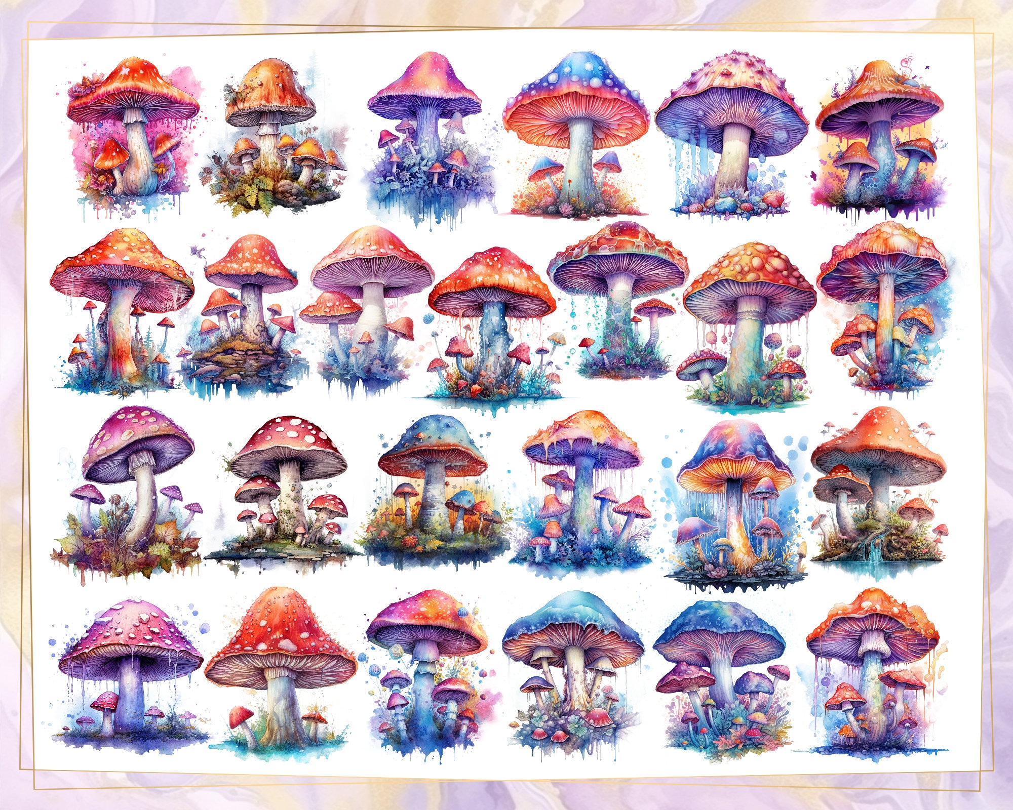 マジックマッシュルーム、カラフルな水彩画風のイラスト。神秘的で