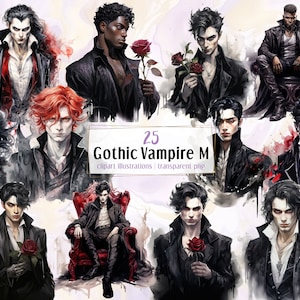 Gothic Vampirmännchen, Illustrationen im Aquarell Stil. Dunkle geheimnisvolle Fantasy Beauty Portraits. Goth Mann mit schwarz, Rosen | PNG ClipArts