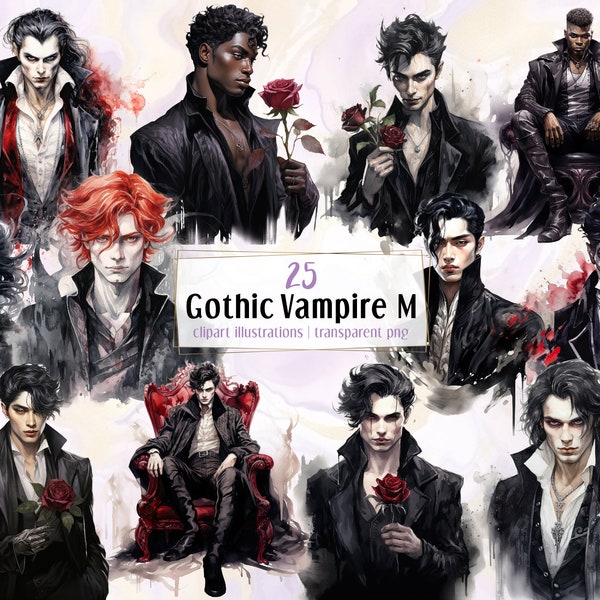 Gothic vampire male, watercolor style illustrations. Dark mysterious fantasy beauty portraits. Goth man wearing black, roses | PNG clip arts