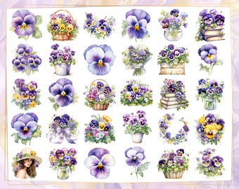 パンジーの花の水彩画風イラスト。ビオラ、すみれ色、紫と黄色の庭の花