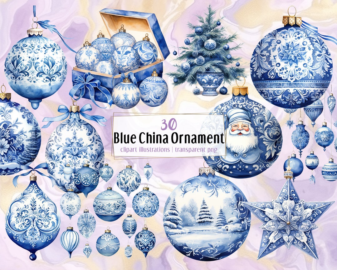 Blue China Christmas Ornaments. Watercolor Style Illustrations. Festive  Decorated Holiday Baubles, Vintage Porcelain Ceramics | PNG Clip Art - Etsy, image size:1080x864
