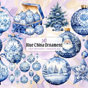 Blauwe Chinese kerstversieringen. Illustraties in aquarelstijl. Feestelijk versierde kerstballen, Vintage porselein keramiek | PNG-illustraties