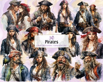 May include: A digital illustration set of 30 watercolor pirates. The pirates are wearing various costumes and accessories, including hats, bandanas, and swords. The illustrations are in a cartoon style and have a whimsical feel.