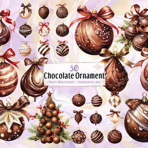 Illustrazioni di ornamenti natalizi al cioccolato. Palline commestibili festive decorate, cacao marrone, globi di cioccolato al latte / clip art PNG