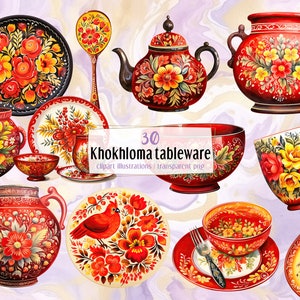 Könnte beinhalten: Ein Set mit 30 Khokhloma-Geschirr-Illustrationen. Die Illustrationen zeigen traditionelle russische Volkskunstdesigns in den Farben Rot, Gelb und Schwarz. Die Designs beinhalten Blumen, Vögel und geometrische Muster. Die Illustrationen sind perfekt zum Erstellen digitaler Designs, zum Scrapbooking und für andere Bastelprojekte.