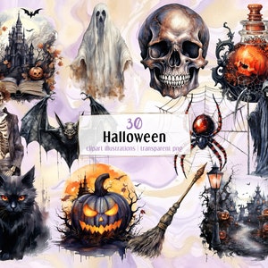 May include: A set of 30 Halloween clipart illustrations featuring a variety of spooky and whimsical characters and objects, including a ghost, a skull, a spider, a bat, a skeleton, a black cat, a jack-o-lantern, a witch's broom, a haunted house, and a potion bottle. The illustrations are painted in a watercolour style and have a vintage feel.