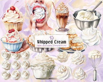 Whipped Cream illustrations. Delicious creamy desserts, heavy cream swirls, whisks, cream pies, cupcakes, cream and berries  | PNG clip arts