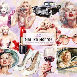Ilustraciones de Marilyn Monroe. Celebridades icónicas, modelos glamorosas, objetos retro, imágenes prediseñadas PNG