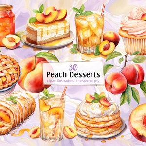 Desery brzoskwiniowe. Ilustracje w stylu akwareli. Ciasto brzoskwiniowe, brzoskwinie, owocowe ciasto, ciasto, lody, pavlova, dżem i napoje | PNG clipart