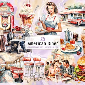 Diner americano, ilustraciones de estilo acuarela. Restaurante retro de los años 50, coloridos objetos de restaurante vintage, gente y comida / imágenes prediseñadas PNG