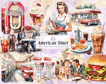 May include: A set of 25 digital illustrations of an American diner theme. The illustrations include a red and white diner, a jukebox, a waitress, a milkshake, a burger, fries, and a couple sitting at a table. The illustrations are in a vintage style and are perfect for creating your own diner-themed designs.