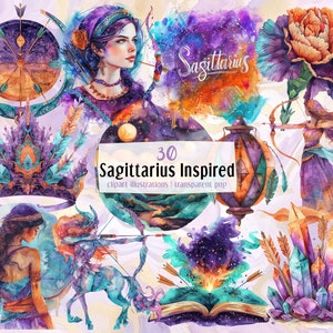 Schütze inspirierte Illustrationen. Bogenschütze Geburtstag Sternzeichen unter dem Motto Objekte Elemente und Menschen, lila & orange, Zentaur | PNG-Cliparts