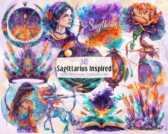 Sagittarius Inspired illustrations. Archer birthday zodiac sign themed objects elements and people, purple & orange, centaur | PNG clip arts