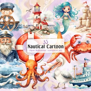 Illustrazioni di cartoni animati nautici. Simpatico marinaio, nave, oggetti marittimi, animali marini, onde del mare, faro, vongole / clip art PNG