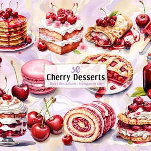 Desery wiśniowe. Ilustracje w stylu akwareli. Ciasto wiśniowe, letnie ciasto owocowe, ciasto wiśniowe, lody, pavlova, napoje | PNG clipart