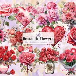 ロマンチックな花のイラスト。バレンタインデーのロマンチックな花束、愛の花瓶、花のハート、バラ、ピンクと赤の花の頭 | PNG クリップ アート