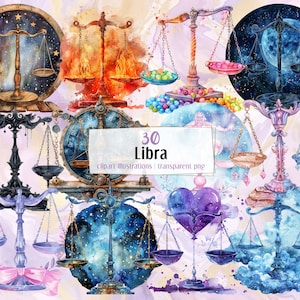 Illustrations de la Balance. Signe aérien astrologique du zodiaque d'anniversaire représenté par une balance, symbole dans différents styles et couleurs | clipart PNG