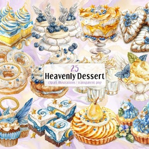 Himmlische Dessert Illustrationen. Leichtes Gebäck im Engelstil, Cupcake mit geflügelten Blumen, goldene Donuts mit Heiligenschein, Heiliger-Himmel-Kuchen | PNG-Clipart