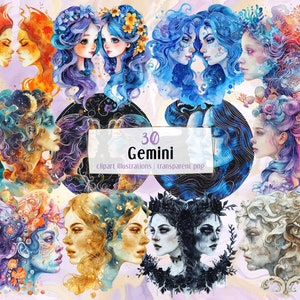 Illustrations des Gémeaux. Signe astrologique du zodiaque anniversaire Gémeaux représenté par le symbole des jumeaux dans différents styles, paires de filles | clipart PNG