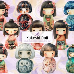 Könnte beinhalten: Eine Sammlung von 30 Kokeshi-Puppen-Clip-Art-Illustrationen. Die Puppen tragen Kimonos mit floralen und gemusterten Designs in Rosa, Grün, Blau und Rot. Jede Puppe hat eine einzigartige Frisur und einen Gesichtsausdruck.