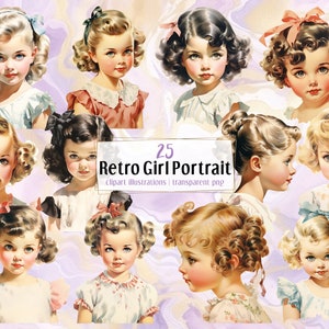 Ilustraciones de retratos de chicas retro. Adorables chicas de estilo vintage de los años 50 con diferentes colores de pelo y cintas. frente, vista lateral / imágenes prediseñadas PNG