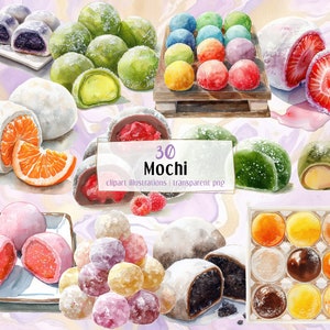 Illustrations de mochi. Délicieux gâteau de riz japonais entremets, daifuku rond coloré, mochi aux fruits, garniture aux haricots rouges | clipart PNG