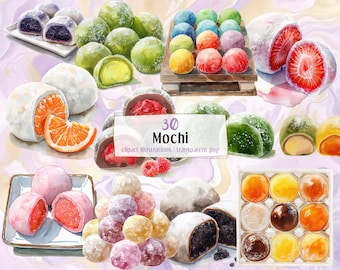Mochi illustrations. Delicious Japanese rice cake dessert, colorful round daifuku confection, fruit mochi, red bean filling | PNG clip arts