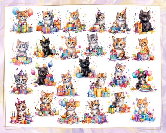 誕生日パーティーの子猫、水彩風のカラフルなイラスト。かわいい猫の