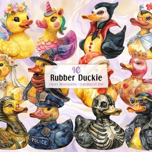 Ilustrações do patinho de borracha. Bonito pato em forma de cultura pop flutuante brinquedos de banho em trajes, profissões, guerreiros, mal, noiva | Clip-arts PNG