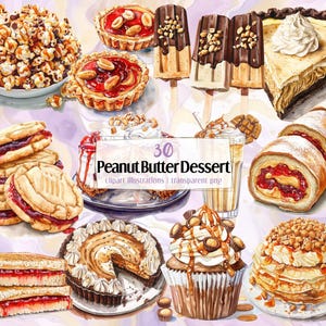 Illustraties Pindakaasdessert. Pindapasta en gebak met gelei, romige pindacakes, PB&J, ijs, koekjes | PNG-clip arts
