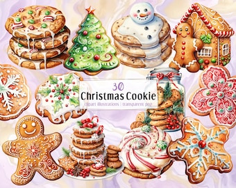 May include: A collection of 30 watercolor illustrations of Christmas cookies. The cookies are decorated with various designs, including snowflakes, gingerbread men, candy canes, and Christmas trees. The illustrations are perfect for use in holiday crafts, scrapbooking, and other creative projects.