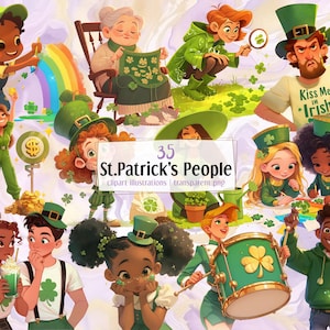 Illustrations de gens de la Saint-Patrick en dessin animé. Enfants heureux, hommes et femmes qui font la fête, feuilles de trèfle vertes, arcs-en-ciel, haut de forme | Image clipart PNG